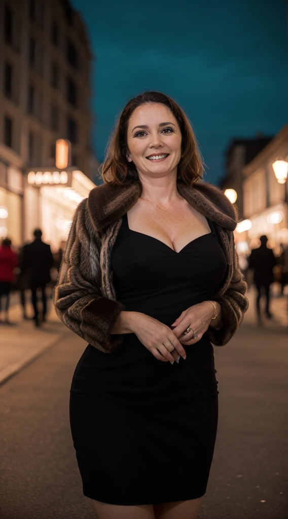 a mature woman posing for a photo, (wearing elegant dress:1.2), smile Seductive, busty, curvaceous, 
good hand,4k, high-res, masterpiece, best quality, head:1.3,((Hasselblad photography))n, sharp focus, (cinematic lighting), night, soft lighting, dynamic angle, [:(detailed face:1.2):0.2],(((city background))), outside,(wearing oversized_fur:1.3),