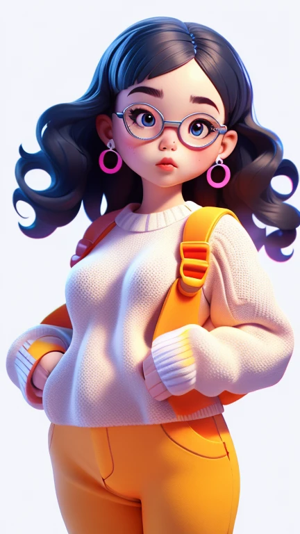 3D characters,chubby girl , neon wavy hair, Wearing earrings, Short white sweater , Long overalls, (whole body:1.2),Simple background, masterpiece,best quality,(White background:1.1)