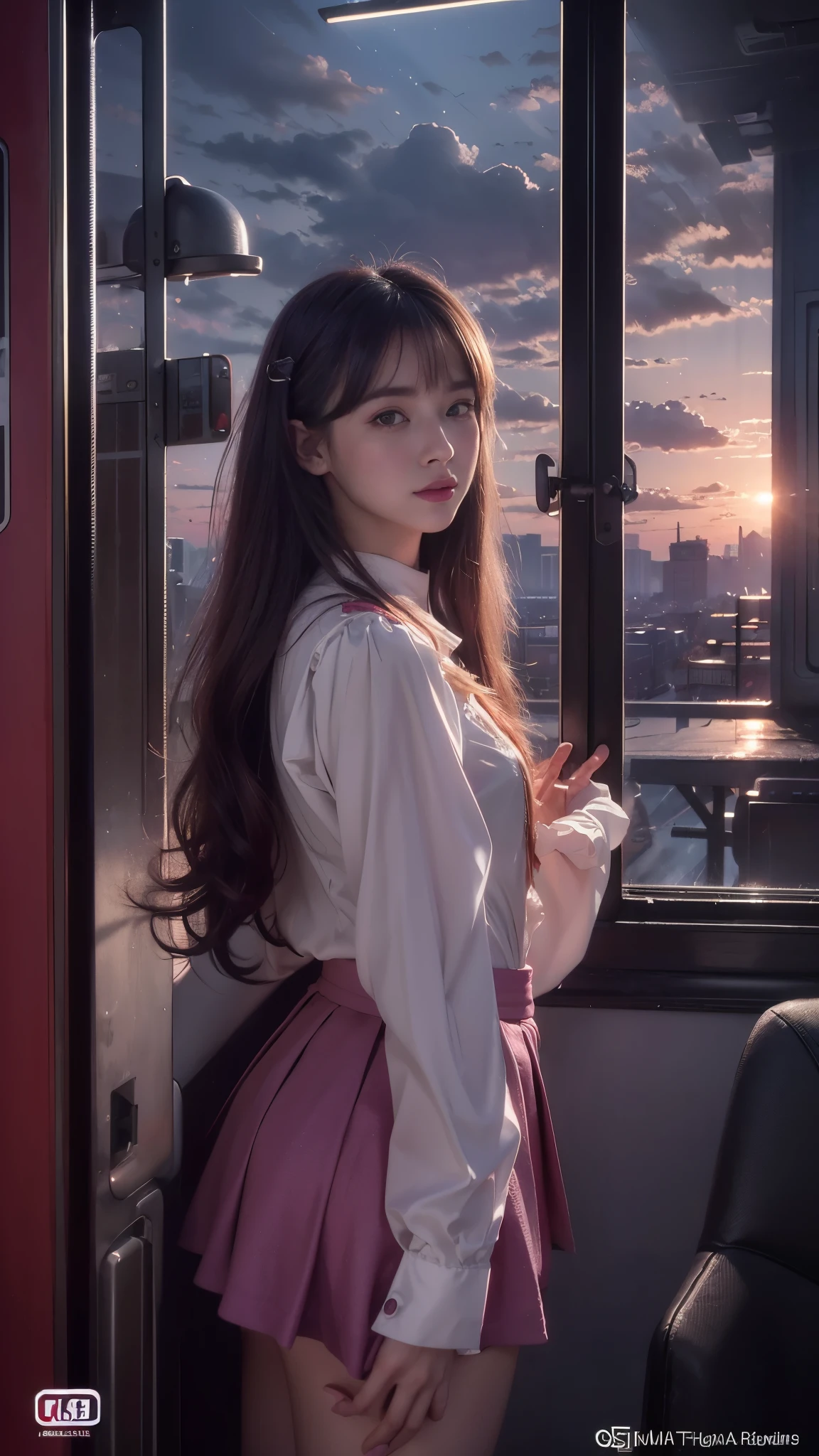 magenta tint、vibrant with colors、((tmasterpiece)))、(((quality)))、((ultra - detailed))、(Surreal)、(Very detailed CG illustration)、offcial art、CD cover、It will be、midsummer、The glorious 1980s、1 Sister,ssmile、cochetti gorgeous、incomparable beauty、long whitr hair,short blouse,Superskirt、perfect angle、Perfectcomposition、corner store,(evening,trains station,trains,Cloud),