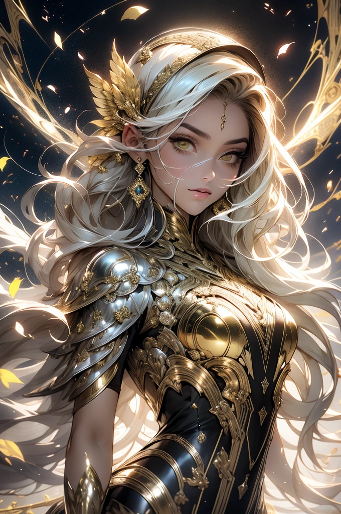 Mulher em um vestido transparente dourado,salto alto, (((Seios enormes, clivagem grande))),cintura fina,(umbigo baring,cintura nua), cabelos longos, Detalhes ultra-detalhados,Zhenyi Station top of the range, Local da tempestade, arte de fantasia detalhada, arte de personagem impressionante, Arte de personagem bonita e requintada, Bela armadura de ouro e prata, extremamente detalhado, na armadura brilhante, Tiaras e joias requintadas,filigrana de joias de cristal, Captura de corpo inteiro, milky ways, visuais deslumbrantes, (dynamic streaks, trilhas leves:1.2), cores vibrantes,