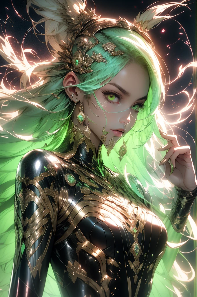 Mulher em um vestido transparente dourado,salto alto, (((Seios enormes, clivagem grande))),cintura fina,(umbigo baring,cintura nua), cabelos longos, Detalhes ultra-detalhados,Zhenyi Station top of the range, Local da tempestade, arte de fantasia detalhada, arte de personagem impressionante, Arte de personagem bonita e requintada, Bela armadura de ouro e prata, extremamente detalhado,  na armadura brilhante, Tiaras e joias requintadas,filigrana de joias de cristal, Captura de corpo inteiro, milky ways, visuais deslumbrantes, (dynamic streaks, trilhas leves:1.2), cores vibrantes,