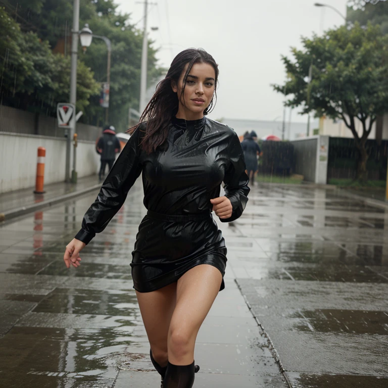 Beautiful woman with beautiful breasts runs in the rain, dressed in a black wet dress