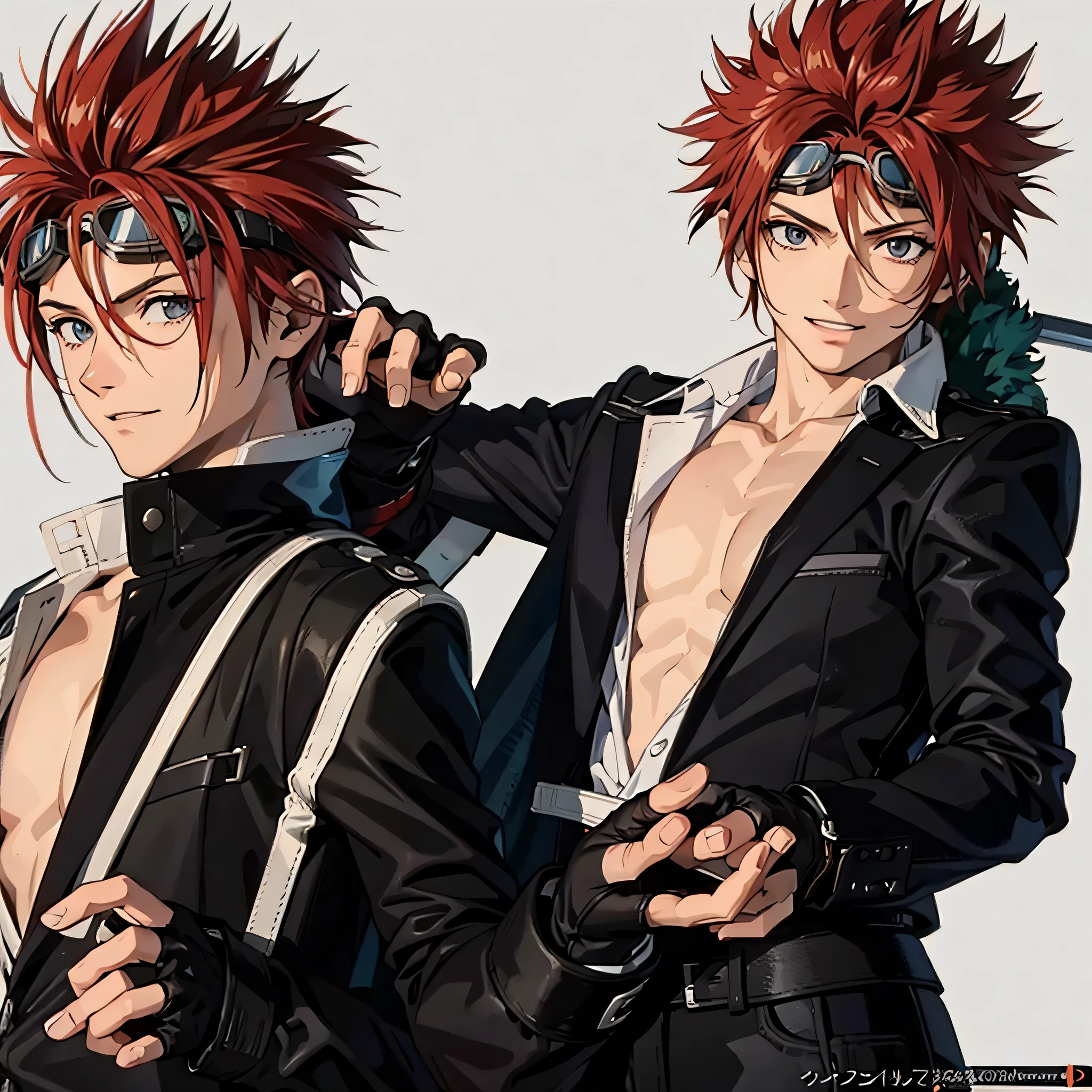 (masterpiece, best quality:1.2,simple background,white background,2d,anime style),1boy,solo,reno \(final fantasy7\), black jacket,fingerless gloves,goggles on head,long sleeves,red hair,spiked hair,grey eyes,open shirt,looking at viewer,smile,Redraw it with a beautiful anime picture、Closer to the anime picture、Do not change details or composition