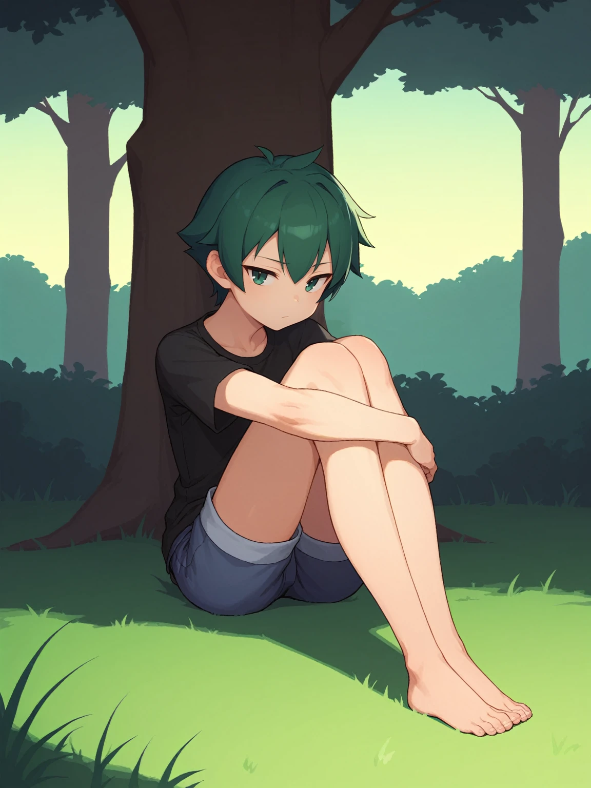 score_9,score_8_up,score_7_up, BREAK, 1 girl, solo, kino, kino no tabi, kinos journey, shorts, black top, expressionless, bored, dull, sitting, outdoors, legs crossed, grass, forest, closeup, tomboy, face focus, face closeup, sunset, evening  (time), evening 