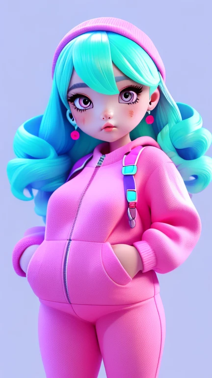 3D characters,chubby girl , neon wavy hair, Wearing earrings, Cropped sweater , White Long Overalls, (whole body:1.2),Simple background, masterpiece,best quality,(White background:1.1)