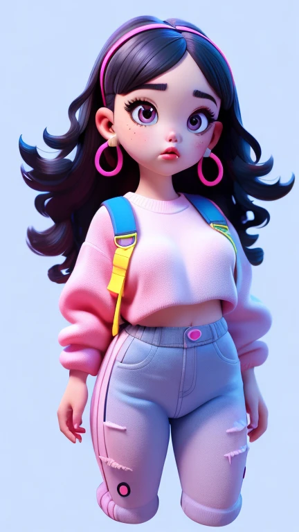 3D characters,chubby girl , neon wavy hair, Wearing earrings, Cropped sweater , White Long Overalls, (whole body:1.2),Simple background, masterpiece,best quality,(White background:1.1)