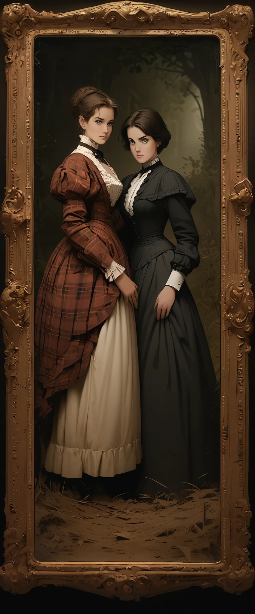 There was a woman standing beside in the field, italian fashion, tartan clothing, animation, Scott Robertson, Two models in the framework, victorian era photos, two women, warrior  