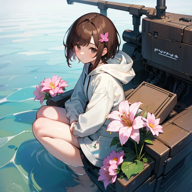 girl、brown hair、short hair、hoodie、mechanical、flower、water