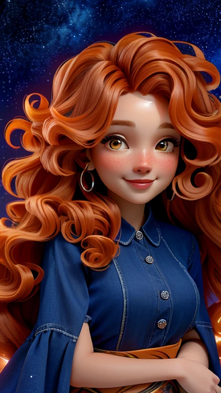 A woman with orange curly hair stands in a magical flower field. Every flower is colorful,Exudes a soft glow, Create a mysterious environment. Twinkling stars in the night sky reflected in the woman's curly hair, Add a touch of magic to her hair. She seems to be connected to the natural and cosmic energy around her., Exudes power and charm.