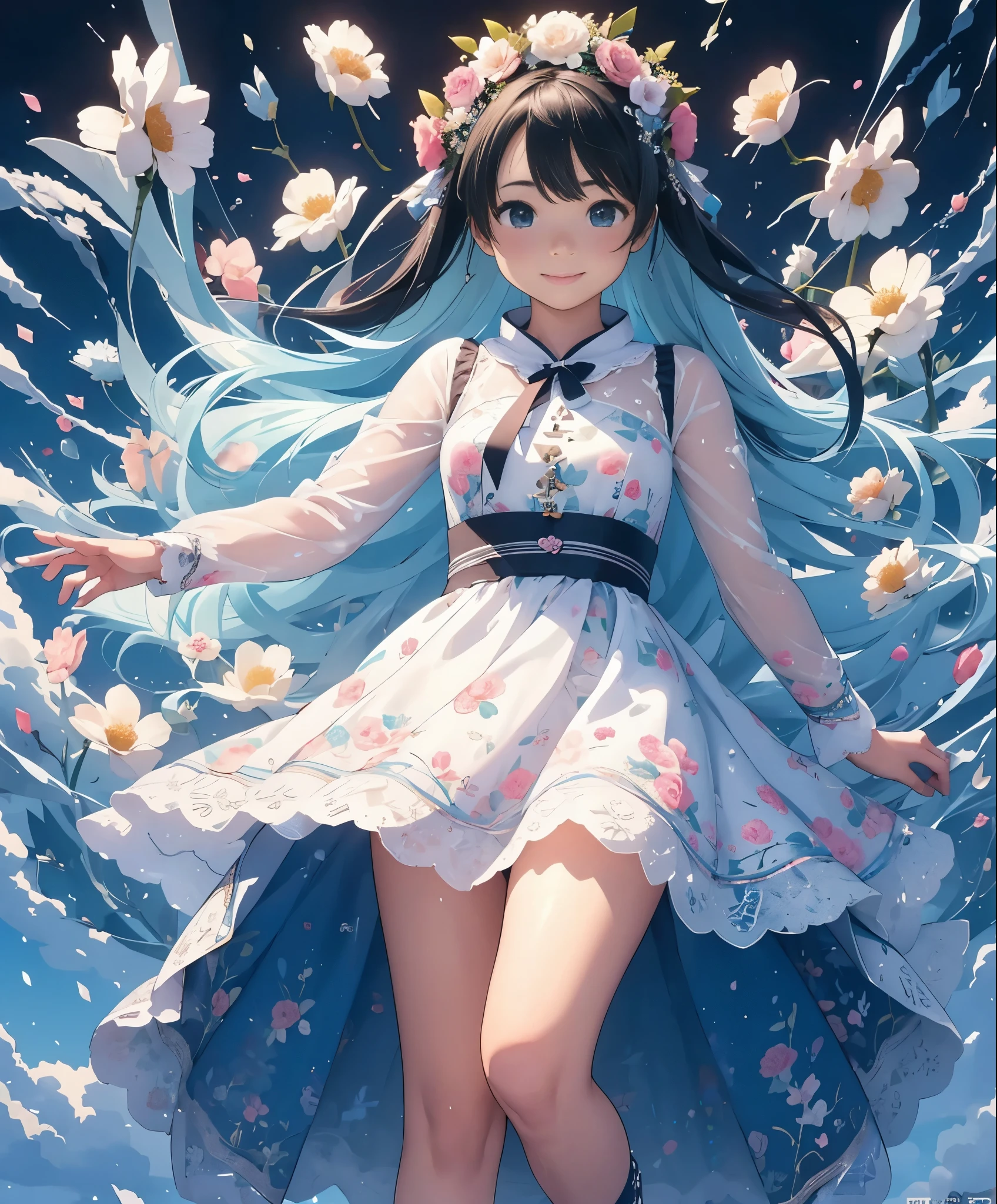 (masterpiece、highest quality、highest quality、official art、beautiful beautiful:1.2)、(1 girl:1.3)Hatsune Miku、twin tails,big breasts,photo realistic、Nendoroids in wedding dresses standing in front of a painting、laughter、cute pose、watercolor nendoroid、(high definition figures)、flowing iridescent silk、close up of face、eye up、heart mark、floral dress、There is also a flower in front of the petal below the Nendoroid.........、season!!: summer☀ 🍂、((A wonderful painting with super multiple exposure where you can see the background through the clothes))