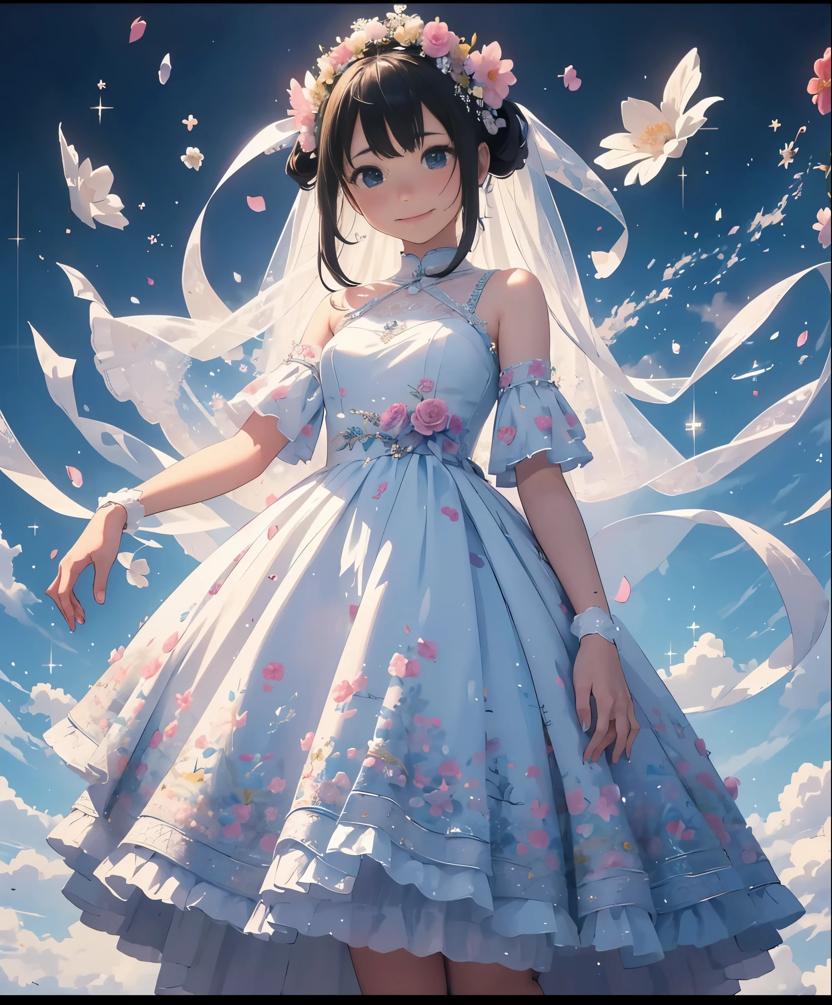 (masterpiece、highest quality、highest quality、official art、beautiful beautiful:1.2)、(1 girl:1.3)Hatsune Miku、twin tails,big breasts,photo realistic、Nendoroids in wedding dresses standing in front of a painting、laughter、cute pose、watercolor nendoroid、(high definition figures)、flowing iridescent silk、close up of face、eye up、heart mark、floral dress、There is also a flower in front of the petal below the Nendoroid.........、season!!: summer☀ 🍂、((A wonderful painting with super multiple exposure where you can see the background through the clothes))