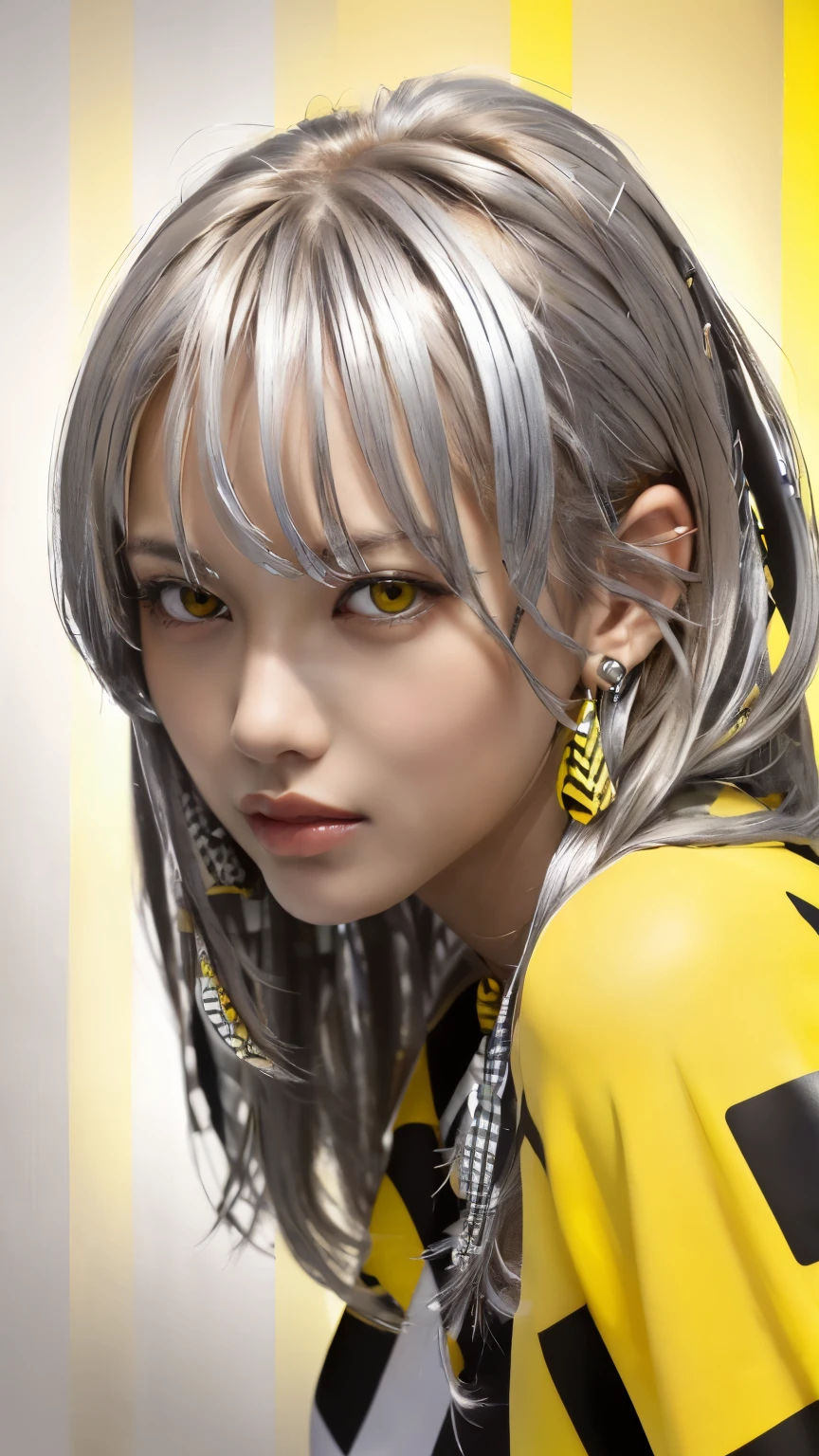 masterpiece, highest quality, 4K, Photorealistic, bokeh, enlightenment,1 perfect portrait of a girl, (A fascinating eye for perfect detail:1.2), colorful hair, (gradient hair), (Yellow and silver soft long hair:1.6), (Cat ear:1.2), fantasy background, (exposed bare shoulders), (long-term alienation sleeve), (lean forward a little), head tilt, movie lighting, oversized clothes, (seductive pose:1.4), (Yellow and silver checker background:1.6), beautiful lite brown eyes, close up,
