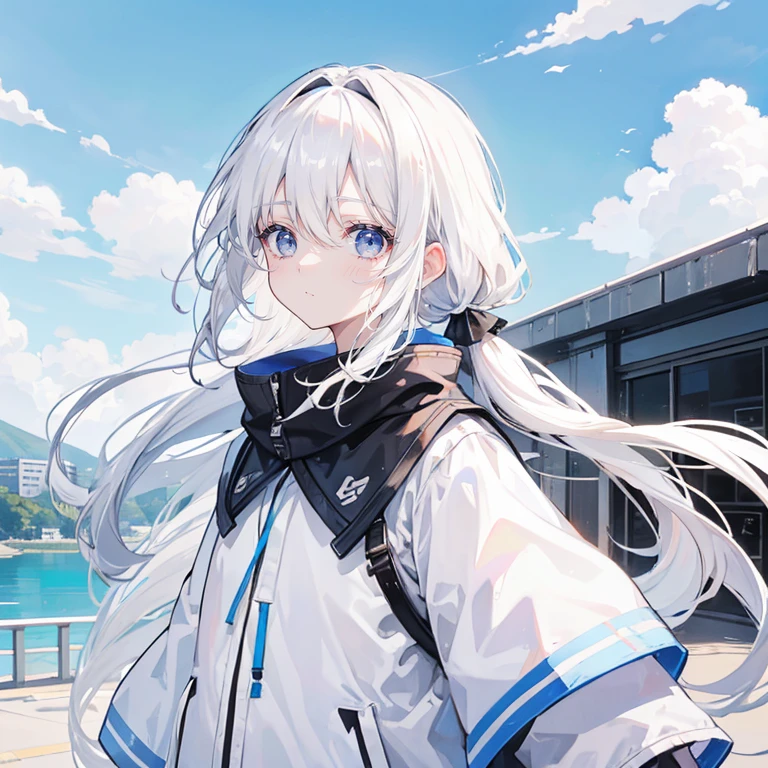 white hair,long hair,Bangs,Bangs整齐,low ponytail,black headband,gray eyes,girl,cute,,Background blue sky and white clouds