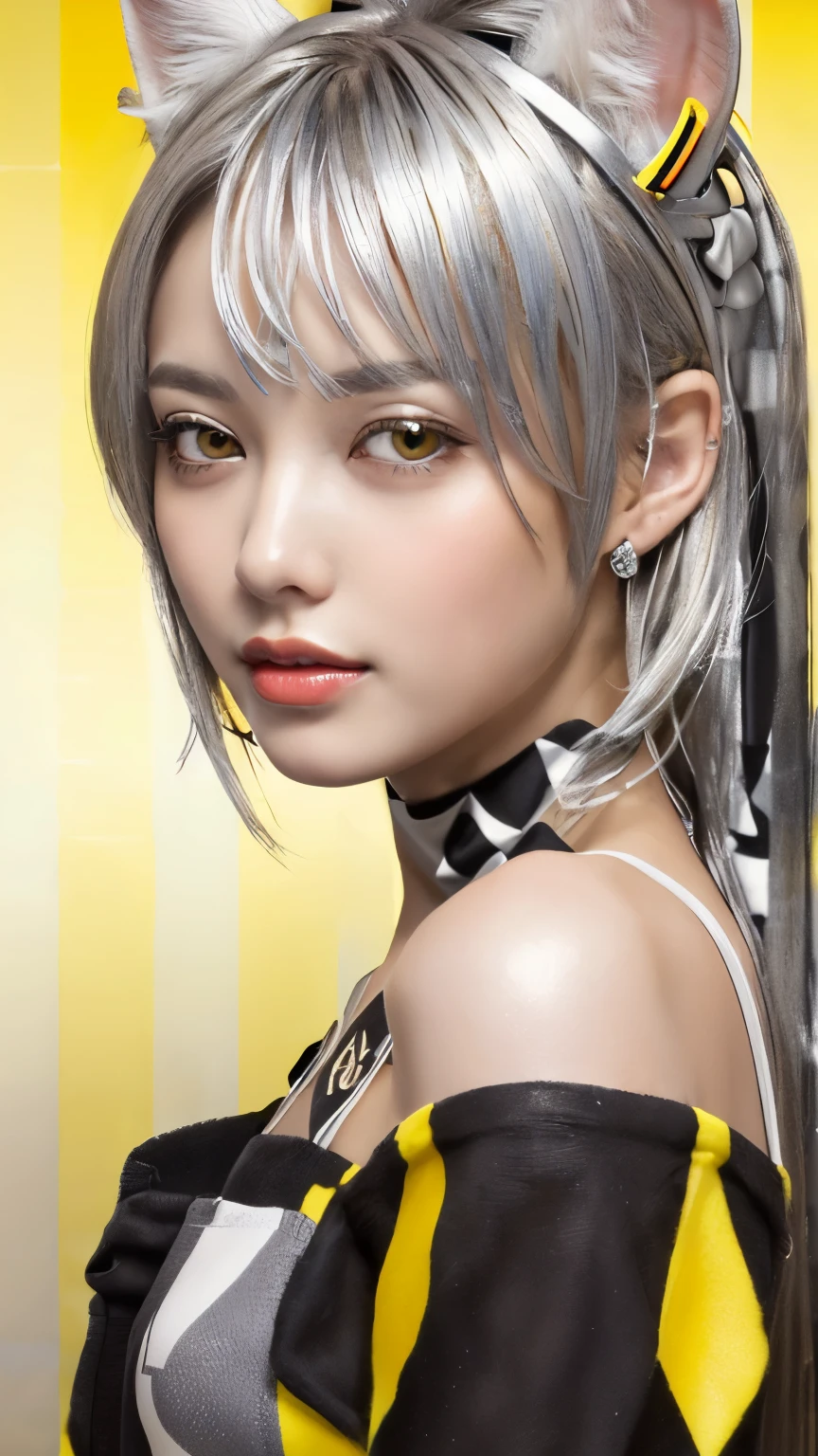 masterpiece, highest quality, 4K, Photorealistic, bokeh, enlightenment,1 perfect portrait of a girl, (A fascinating eye for perfect detail:1.2), colorful hair, (gradient hair), (Yellow and silver soft long hair:1.6), (Cat ear:1.2), fantasy background, (exposed bare shoulders), (long-term alienation sleeve), (lean forward a little), head tilt, movie lighting, oversized clothes, (seductive pose:1.4), (Yellow and silver checker background:1.6), beautiful lite brown eyes, close up,