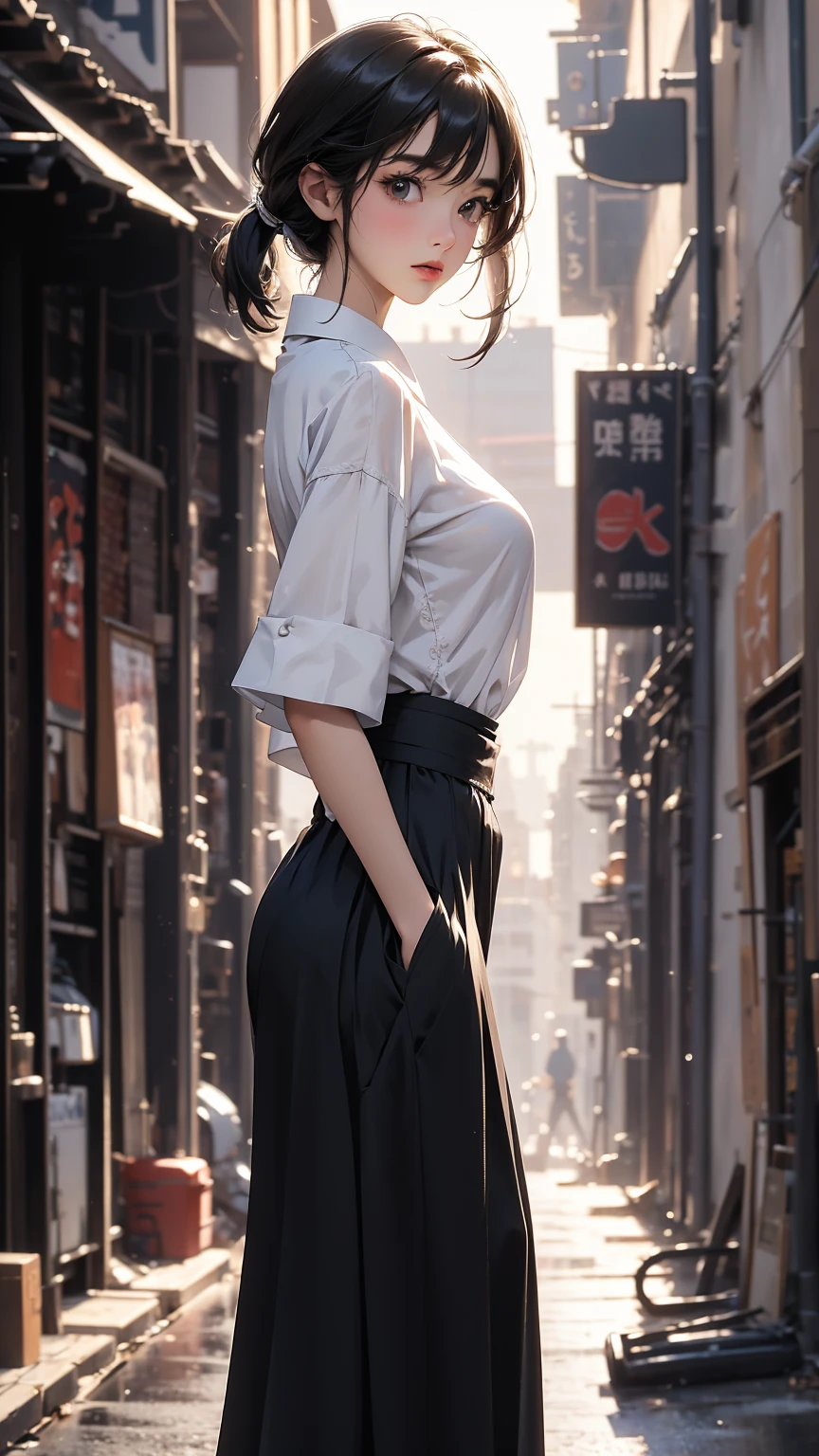 (Highly detailed CG unit 8k wallpaper, masterpiece, High resolution, highest quality, highest qualityのリアルテクスチャスキン), Fashion pose with hands in pockets:1.4, A cool NY fashion girl influenced by nostalgic and inorganic mode fashion., Nana Komatsu, Asymmetrical short hair, detailed costume, fine embroidery, Solid wide leg pants outfit:1.3, blurred background, An empty alley in New York:1.2, hyper realistic, digital painting, concept art,