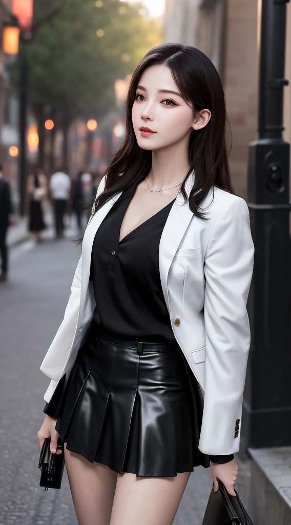 best quality, masterpiece, 1girl, Beautiful face, (photo realistic:1.3), rim lighting, (high detailed skin:1.2), 8k uhd, dslr, high quality, high resolution, 4k, 8k, Bokeh, absurdres, best ratio four finger and one thumb, (realistic:1.3), cute 1girl, wearing black formal blazer, medium breasts, short skirt,