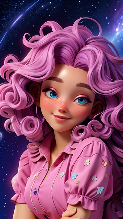 A woman with pink and blue curly hair stands in a magical flower field. Every flower is colorful,Exudes a soft glow, Create a mysterious environment. Twinkling stars in the night sky reflected in the woman's curly hair, Add a touch of magic to her hair. She seems to be connected to the natural and cosmic energy around her., Exudes power and charm.