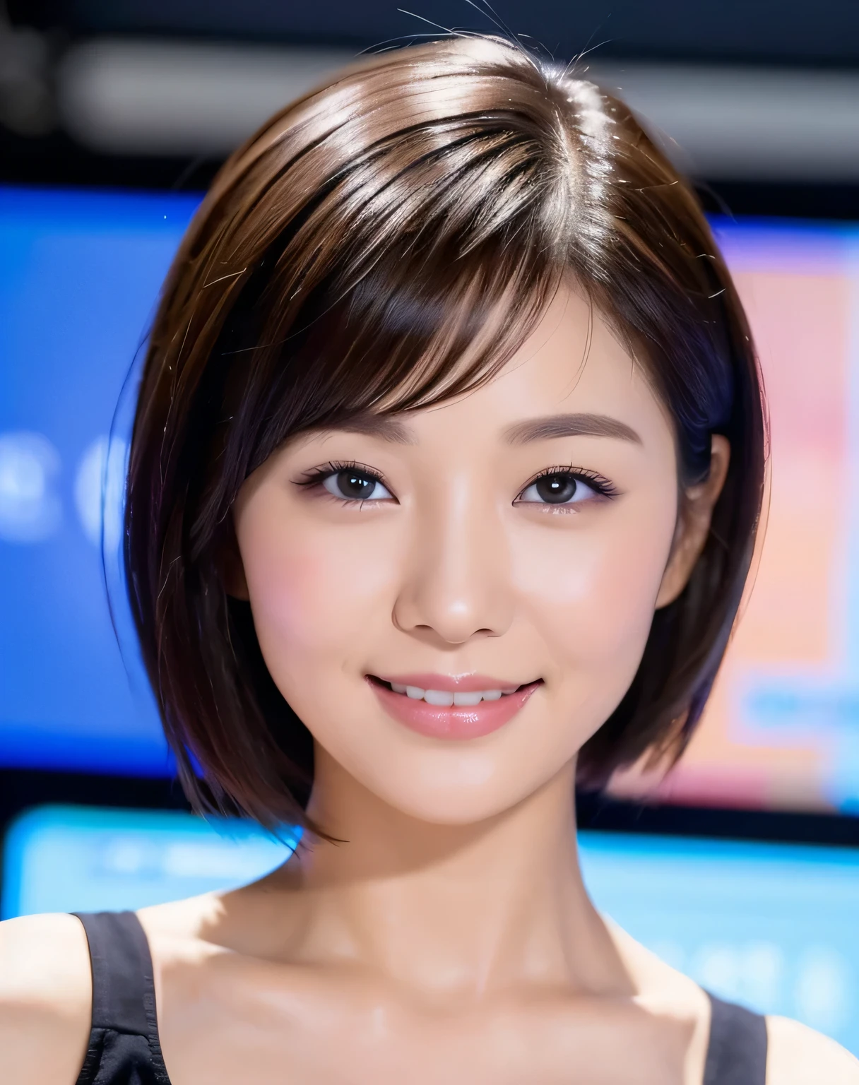 Beautiful woman with perfect body, Very detailed face and skin textures, smiley face, delicate eyes, short hair, Small messy hair, hosting a news broadcast in studio with a news background behind her, High resolution, lifelike
