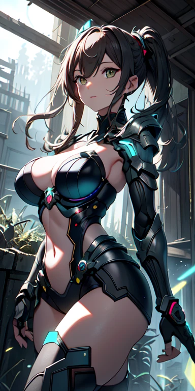 （（best quality））， （（master piece））， （very detailed：1.3）， 3D， Shitsumeka， Beautiful cyberpunk woman with mecha in the ruins of a forgotten war city， ancient technology， HDR（high dynamic range）， ray tracing， NVIDIA RTX， super resolution， unreal 5， Scattered beneath the surface， PBR texture， Post-processing， anisotropic filtering， Depth of the bounds written， Layered textures for maximum clarity and sharpness， Albedo and specular maps， surface coloring，Accurately simulate the interaction of light and materials，perfect proportions，Rendering with Octane，two tone lighting，Low ISO，White balance，rule of thirds，wide aperture，8K RAW，High efficiency subpixel，subpixel convolution，luminescent particles，light scattered，Tyndall effect，The five fingers on each hand are highly detailed，