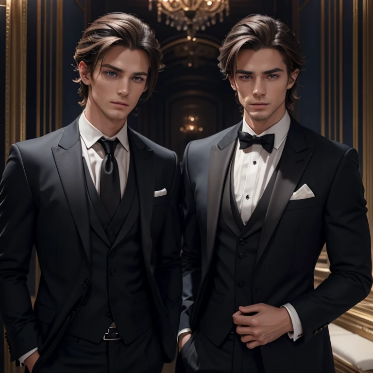 handsome, chiseled jawline, slightly messy wavy dirty blond hair, cerulean blue eyes with hazel central heterochromia, suit, sophisticated, tuxedo, pointed straight nose, greek god looking, long bangs, hot, handsome, detailed eyes, 8K quality, detailed skin, ID photo position, black suit, slightly thick brows, slighly cold or composed looking expression, short hair up to back of his nape or jawline, black suit with red tie