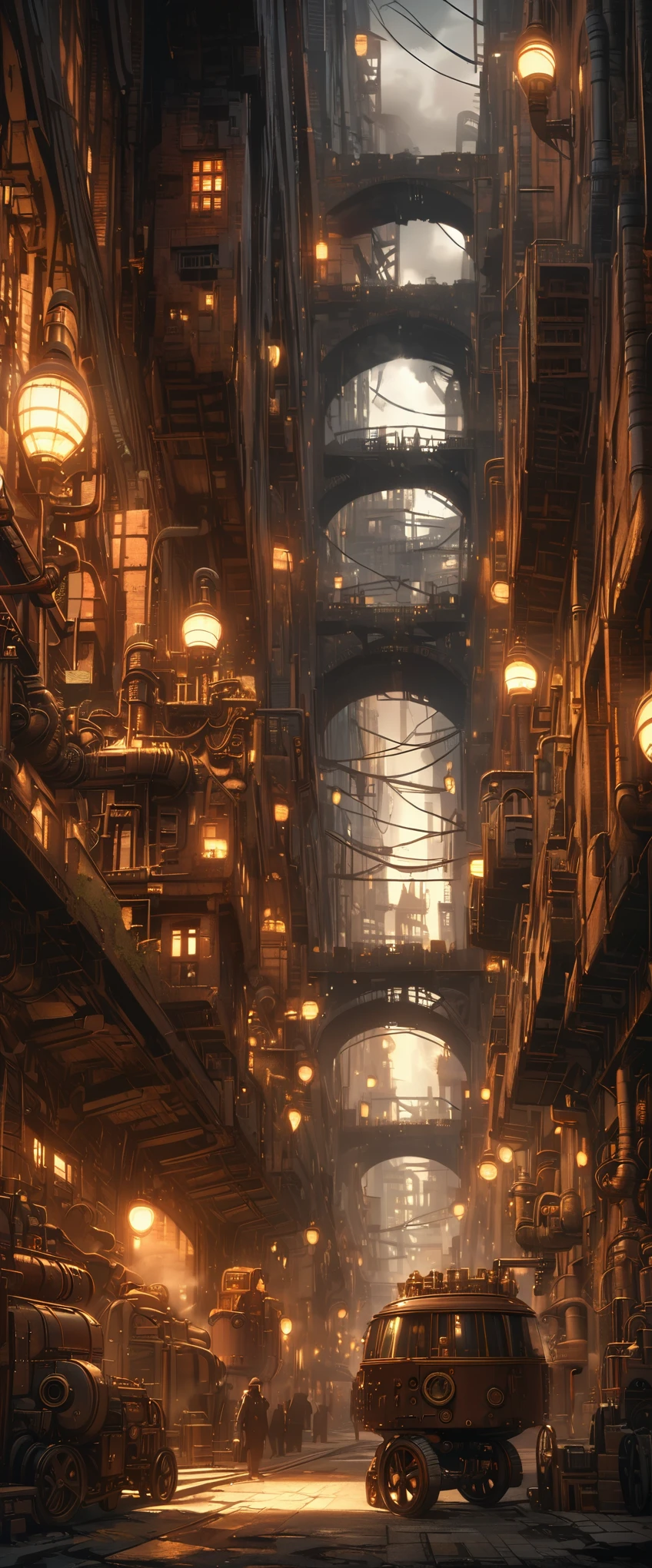 Industrial city, surrounded by walls, Steampunk, rusty and heavy, smokes, chimney, factory, gear, mechanical, tall building, tower, Steam powered, steam pipes, street lamp, (movie lighting:0.8, Super details, bloom)