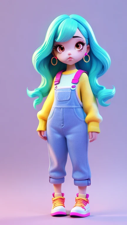 3D characters,chubby girl , neon wavy hair, Wearing earrings, Cropped sweater , Long overalls, (whole body:1.2),Simple background, masterpiece,best quality,(White background:1.1)