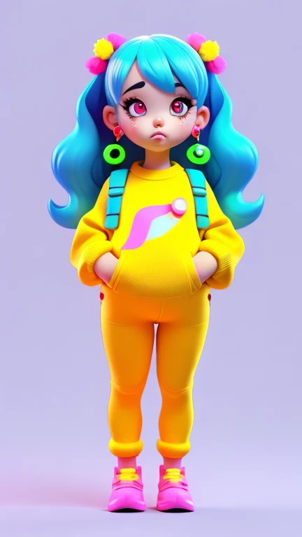 3D characters,chubby girl , neon wavy hair, Wearing earrings, Cropped sweater , Long overalls, (whole body:1.2),Simple background, masterpiece,best quality,(White background:1.1)