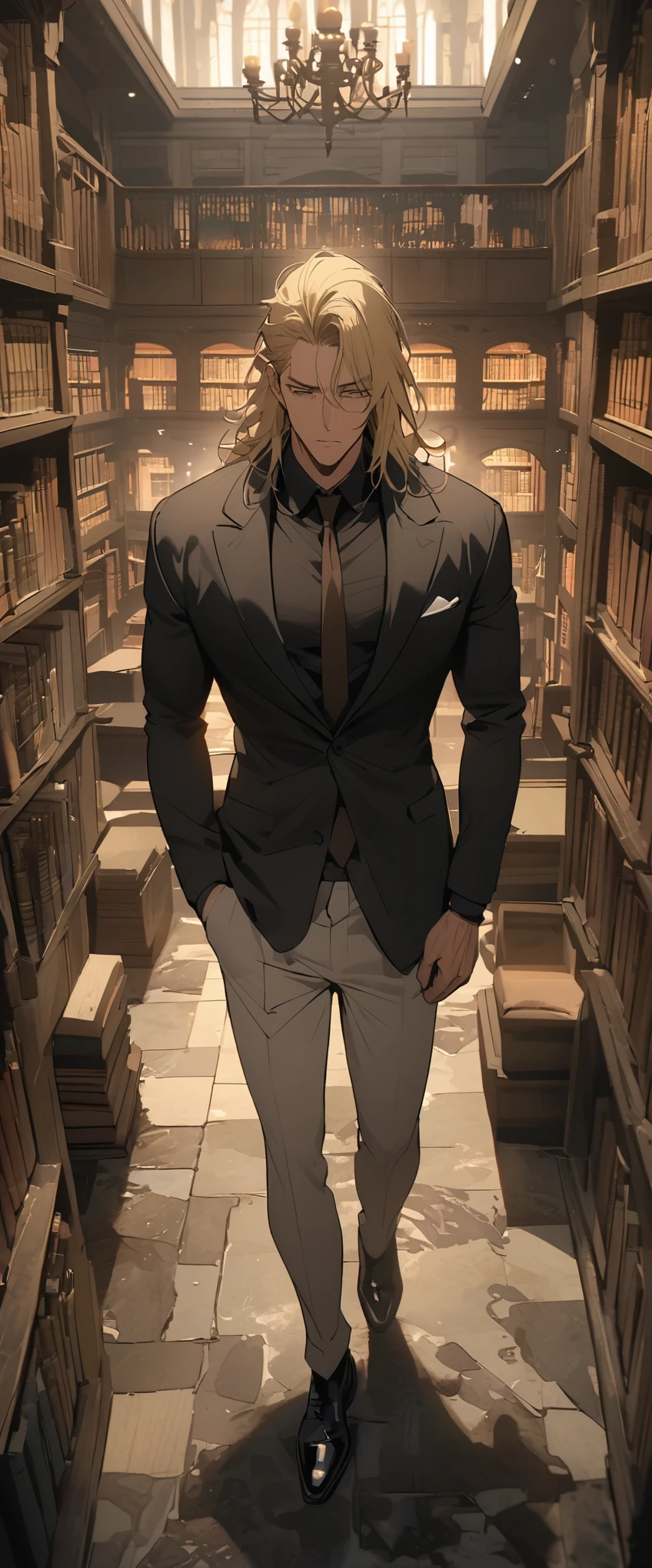 Gorgeous man, Physically strong, Black Social Shirt, White trousers, black social shoes, Blonde hair parted in the middle, straight hair, brown eyes, Slender appearance, elegant, Library scenery, Brown tie, cold expression, kingdom, man in his 40s.