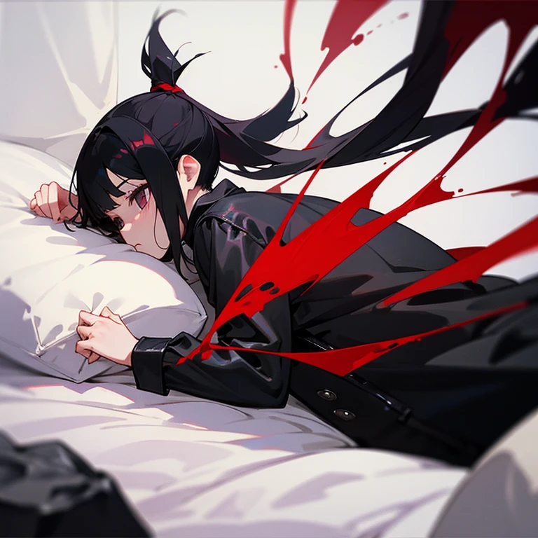 girl、black hair、ponytail、Long black leather coat、Red ink、bed、lonely、Rock Music