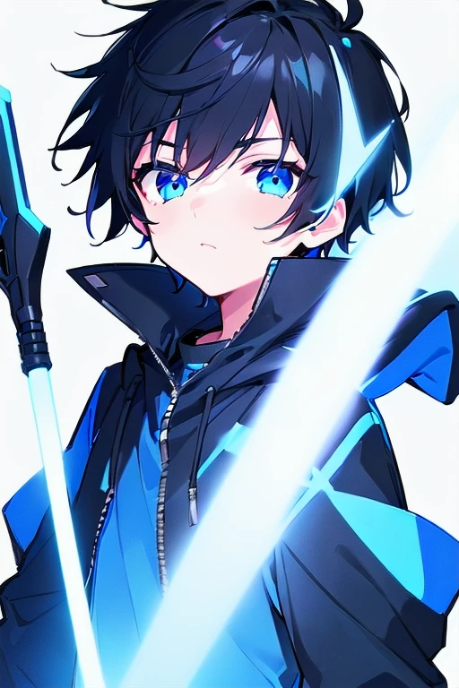 [(WHITE BACKGROUND:1.5),::5], ((((masterpiece)))), high quality, ultra_very_high_resolution, large_filesize, (blue base), full color, ((solo)), ((little boy)), (((black short hair))), blue eyes, anime, neon light, black parka,
