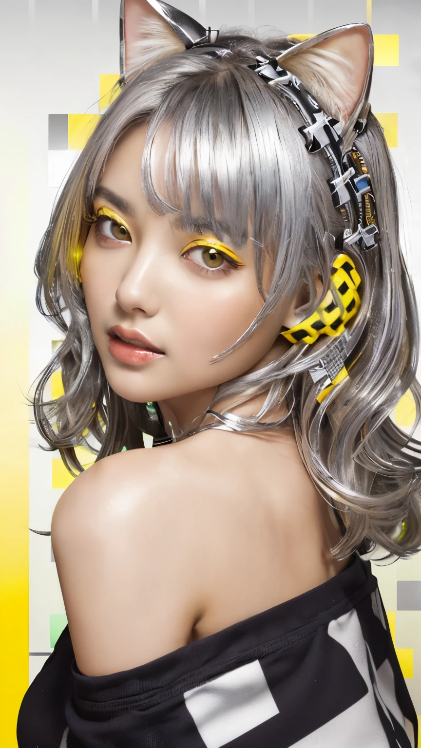 masterpiece, highest quality, 4K, Photorealistic, bokeh, enlightenment,1 perfect portrait of a girl, (A fascinating eye for perfect detail:1.2), colorful hair, (gradient hair), (Yellow and silver soft long hair:1.6), (Cat ear:1.2), fantasy background, (exposed bare shoulders), (long-term alienation sleeve), (lean forward a little), head tilt, movie lighting, oversized clothes, (seductive pose:1.4), (Yellow and silver checker background:1.6), beautiful lite brown eyes, close up,