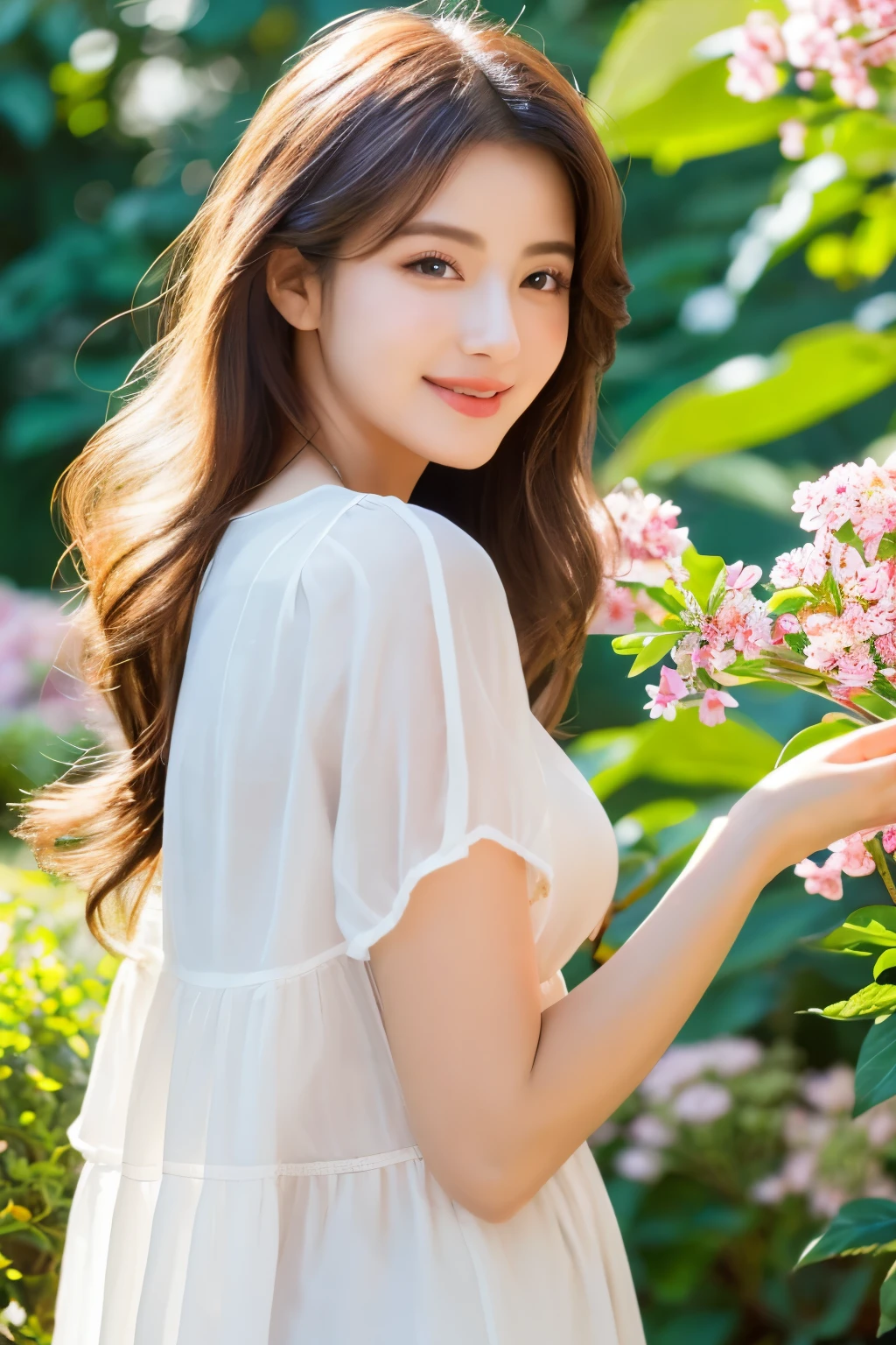(highest quality,4k,8K,High resolution,masterpiece:1.2),Super detailed,(realistic,photorealistic,photo-realistic:1.37),long white hair,flowing hair,graceful white hair,cascading hair,detailed and beautiful eyes,beautiful detailed lips,Fair skin,delicate features,(anime,character illustration) style,Bright colors,soft lighting,gentle pose,subtle smile,standing in the garden,flowering tree,butterflies dance around her,A gentle breeze blows her hair,peaceful atmosphere
