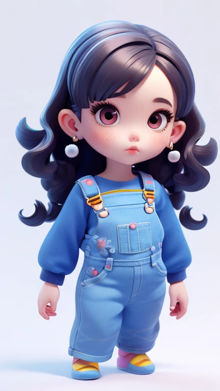 3D characters,chubby girl , Wavy Colored Hair, Wearing earrings, crop top , Long overalls, (whole body:1.2),Simple background, masterpiece,best quality,(White background:1.1)