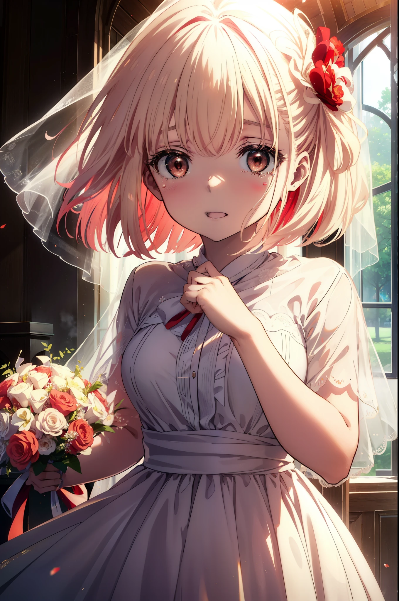 chisatonishikigi, Chisato Nishikigi, long hair, bangs, blonde hair, (red eyes:1.5), tears run down her face,Crying with joy,blush,smile, open your mouth,Wedding dress,veil,Wedding Skirts,bouquet,bouquetトス,holding a large bouquet of flowers in both hands,
break indoors, church,chapel,
break looking at viewer, (cowboy shot:1.5),
break (masterpiece:1.2), highest quality, High resolution, unity 8k wallpaper, (figure:0.8), (detailed and beautiful eyes:1.6), highly detailed face, perfect lighting, Very detailed CG, (perfect hands, perfect anatomy),