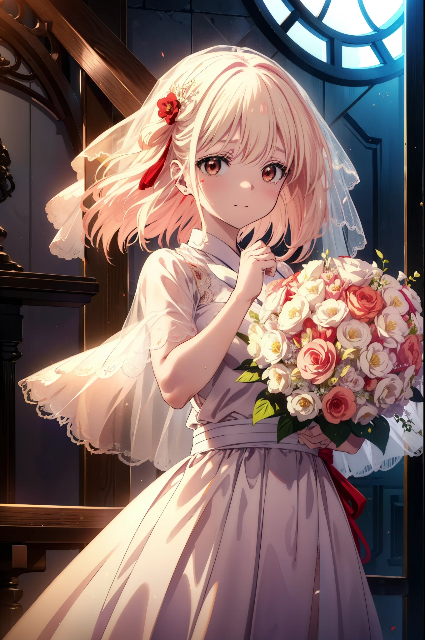 chisatonishikigi, Chisato Nishikigi, long hair, bangs, blonde hair, (red eyes:1.5), tears run down her face,Crying with joy,blush,smile, open your mouth,Wedding dress,veil,Wedding Skirts,bouquet,bouquetトス,holding a large bouquet of flowers in both hands,
break indoors, church,chapel,
break looking at viewer, (cowboy shot:1.5),
break (masterpiece:1.2), highest quality, High resolution, unity 8k wallpaper, (figure:0.8), (detailed and beautiful eyes:1.6), highly detailed face, perfect lighting, Very detailed CG, (perfect hands, perfect anatomy),