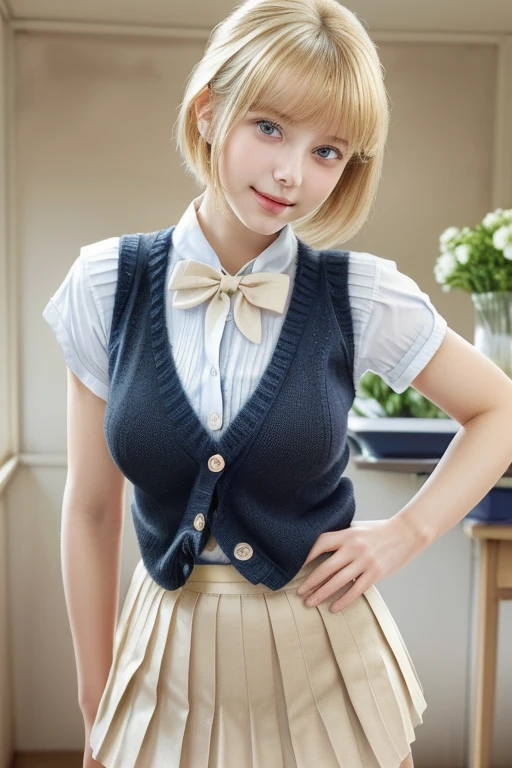 (nude)(masterpiece:1.2, Highest quality), (Realistic, photoRealistic:1.4), Beautiful illustrations, (Natural Side Lighting, Cinema Lighting), Written boundary depth, Looking at the audience, (Face Focus, Upper Body), Front view, 1 Girl, English, high school girl, , Perfect Face, Cute symmetrical face, Shiny skin, (Bob Hair:1.7,blonde), Asymmetrical bangs, Big eyes, Droopy eyes, long eyelashes chest), thin, Beautiful Hair, Beautiful Face, Beautiful and beautiful eyes, Beautiful clavicle, Beautiful body, Beautiful breasts, Beautiful thighs, Beautiful legs, Beautiful fingers, ((High-quality fabric, brown knit vest, Short sleeve white collar shirt, Navy Pleated Skirt, Navy bow tie)), (Beautiful views), evening, (Inside the flower shop), Are standing, (smile, Superior, Open your mouth), (From below:1.5),(Poor visibility:1.5), (((Backlight)))