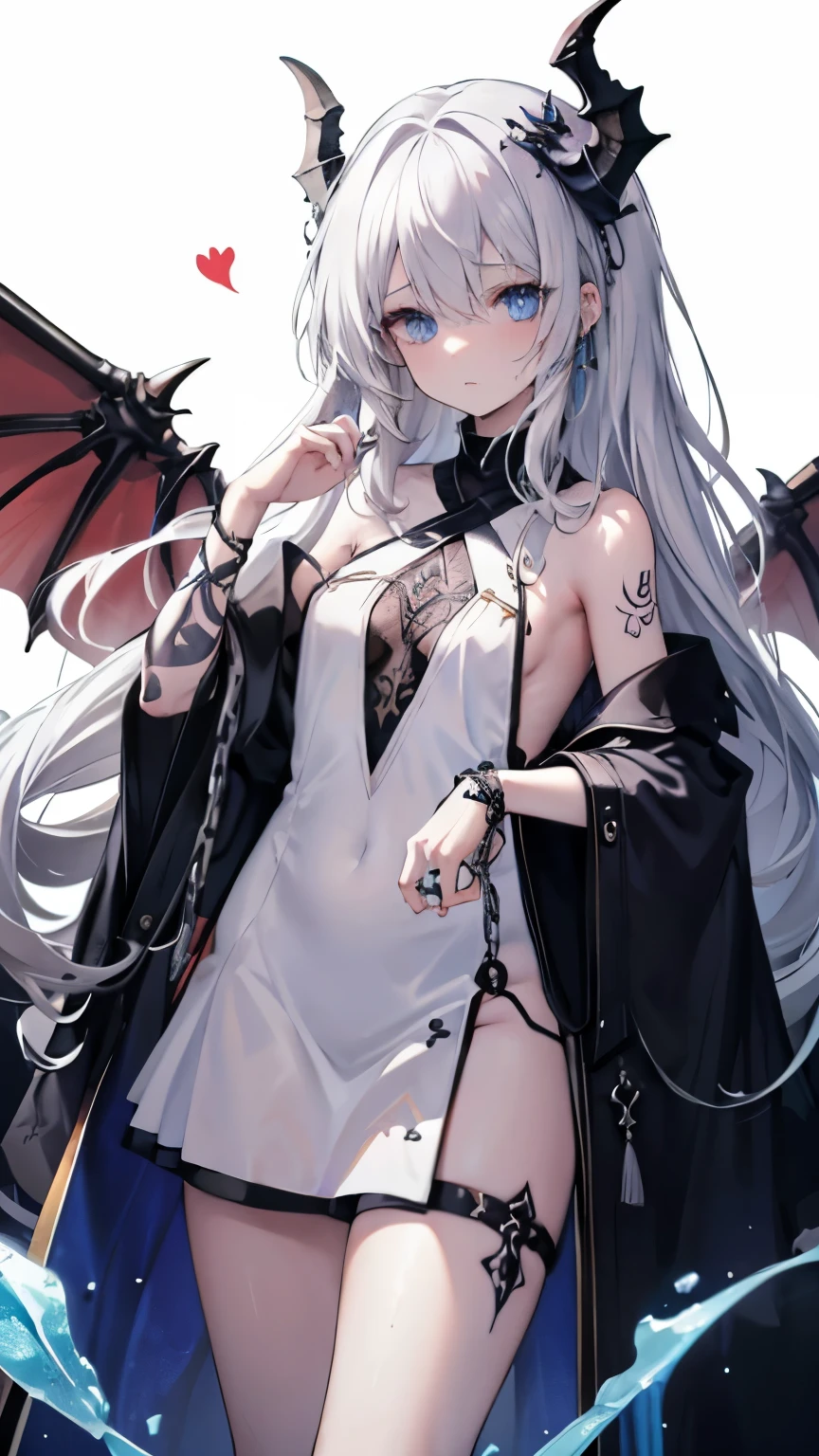 ,girl,best image quality,,silver hair,,blue eyes, white skin,sleepiness,long hair,,half eyes,,wet condition,,,Chains in both hands,rock,restraint,small胸,,dragon horn,,tattoo,small,Dragon Wings,,
