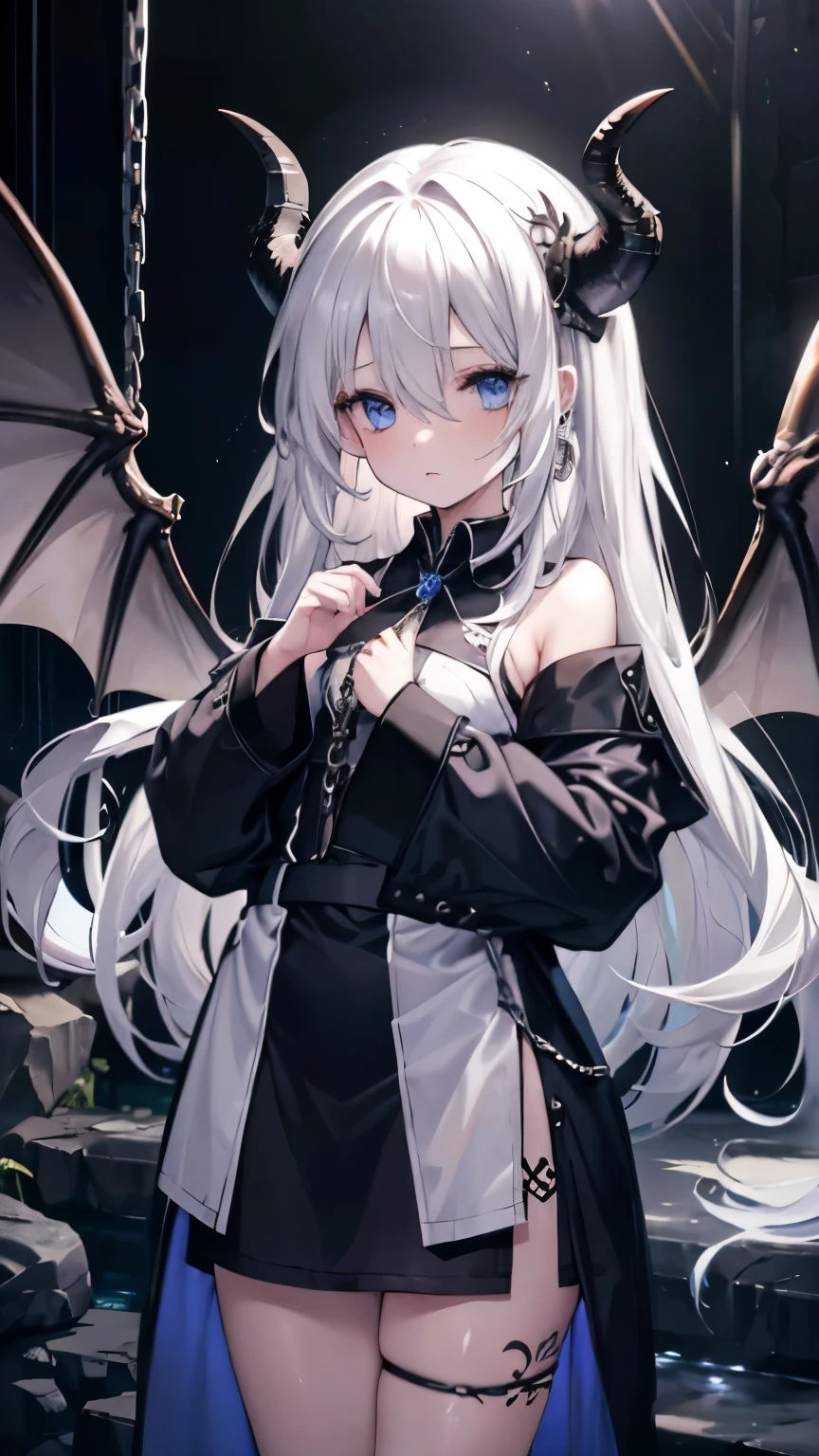 ,girl,best image quality,,silver hair,,blue eyes, white skin,sleepiness,long hair,,half eyes,,wet condition,,,Chains in both hands,rock,restraint,small胸,,dragon horn,,tattoo,small,Dragon Wings,,