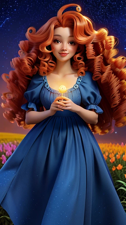 A woman with orange curly hair stands in a magical flower field. Every flower is colorful，Exudes a soft glow, Create a mysterious environment. Twinkling stars in the night sky reflected in the woman&#39;s curly hair, Add a touch of magic to her hair. She seems to be connected to the natural and cosmic energy around her., Exudes power and charm.