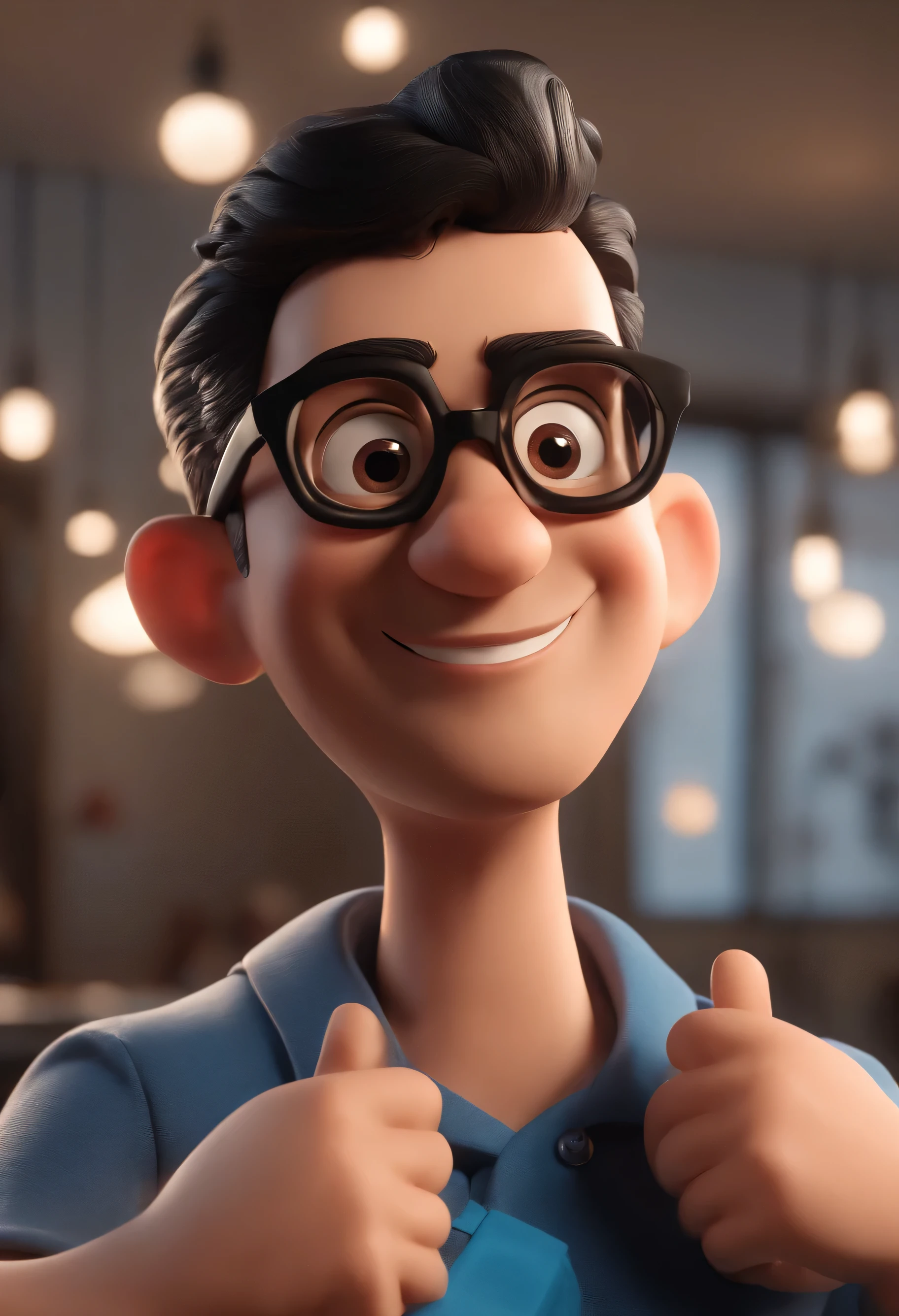 Cartoon character of a man with black glasses and a blue shirt, animation character, Caractere estilizado, animation style rendering, 3D estilizado, Arnold Maya render, 3 d render stylized, toon render keyshot, Personagem 3D, Personagem 3D, 3d rendering stylized, 3 d character render, personagem de desenho animado, Personagem de close up, Pose de personagem, (Estilo Pixar) (master part:1.2) (Bokeh) (best quality) (pele detalhada) (textura detalhada) (8k) (argila) (Cinematic lighting) (sharp focus