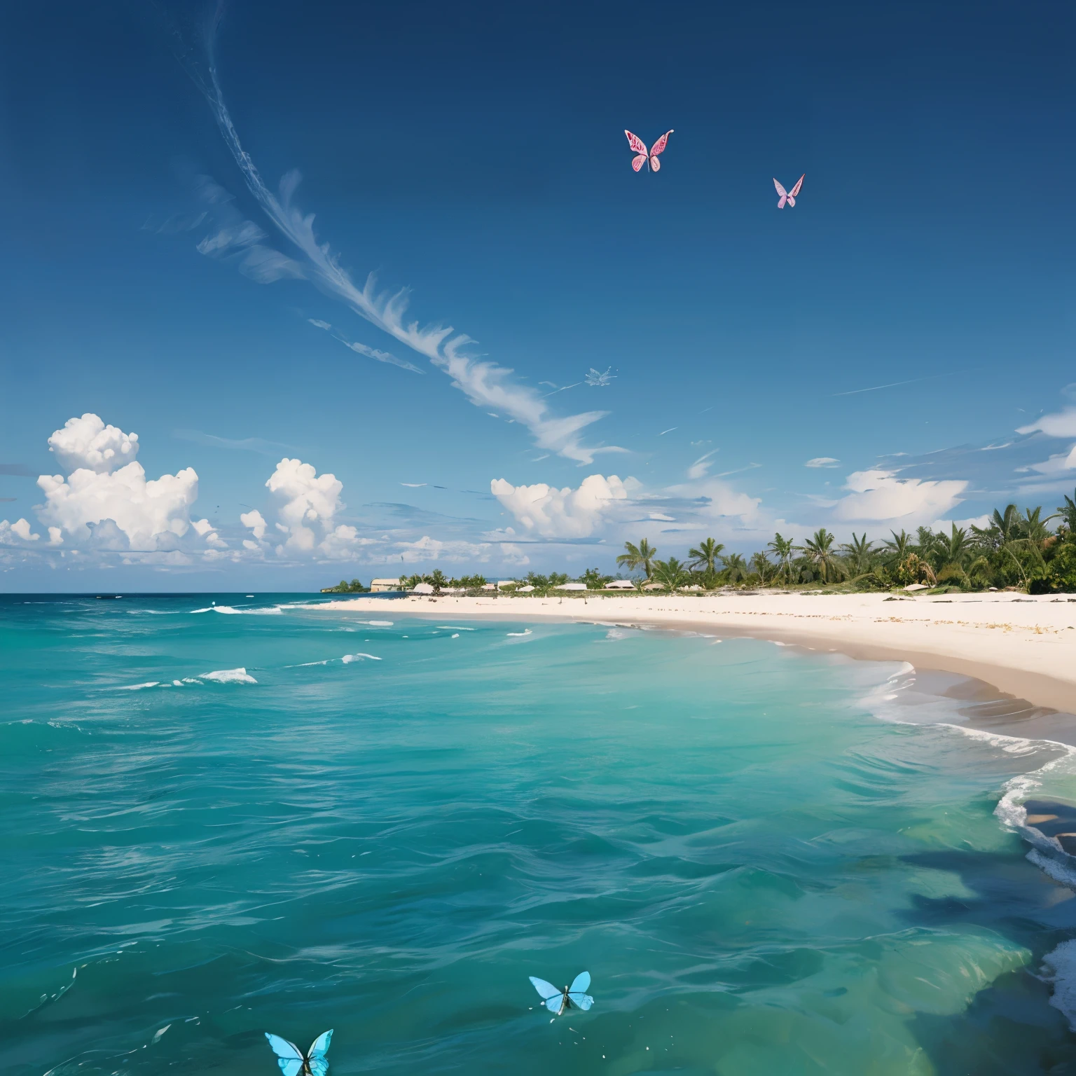 oil painting,
Five blue butterflies float on the clear water. Butterflies big and small, rippling, light white beach background, minimalist style. I can't believe how beautiful it is, with 32K HD quality sun effects