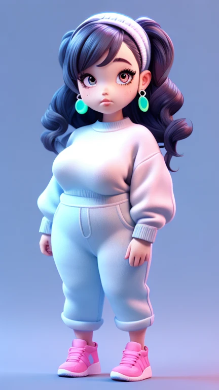 3D characters,chubby girl , neon wavy hair, Wearing earrings, Cropped sweater , Long overalls, (whole body:1.2),Simple background, masterpiece,best quality,(White background:1.1)