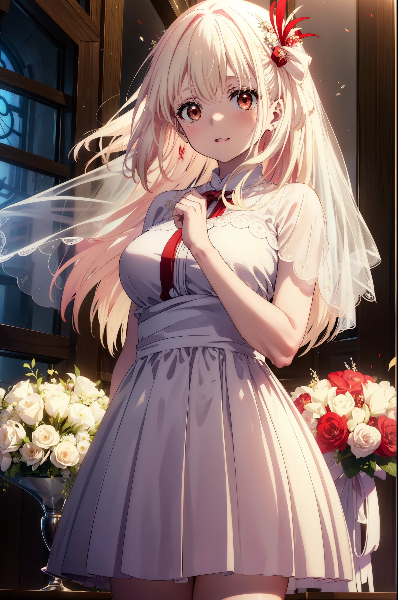 chisatonishikigi, Chisato Nishikigi, long hair, bangs, blonde hair, (red eyes:1.5), tears run down her face,Crying with joy,blush,smile, open your mouth,Wedding dress,veil,Wedding Skirts,bouquet,bouquetトス,holding a large bouquet of flowers in both hands,
break indoors, church,chapel,
break looking at viewer, (cowboy shot:1.5),
break (masterpiece:1.2), highest quality, High resolution, unity 8k wallpaper, (figure:0.8), (detailed and beautiful eyes:1.6), highly detailed face, perfect lighting, Very detailed CG, (perfect hands, perfect anatomy),