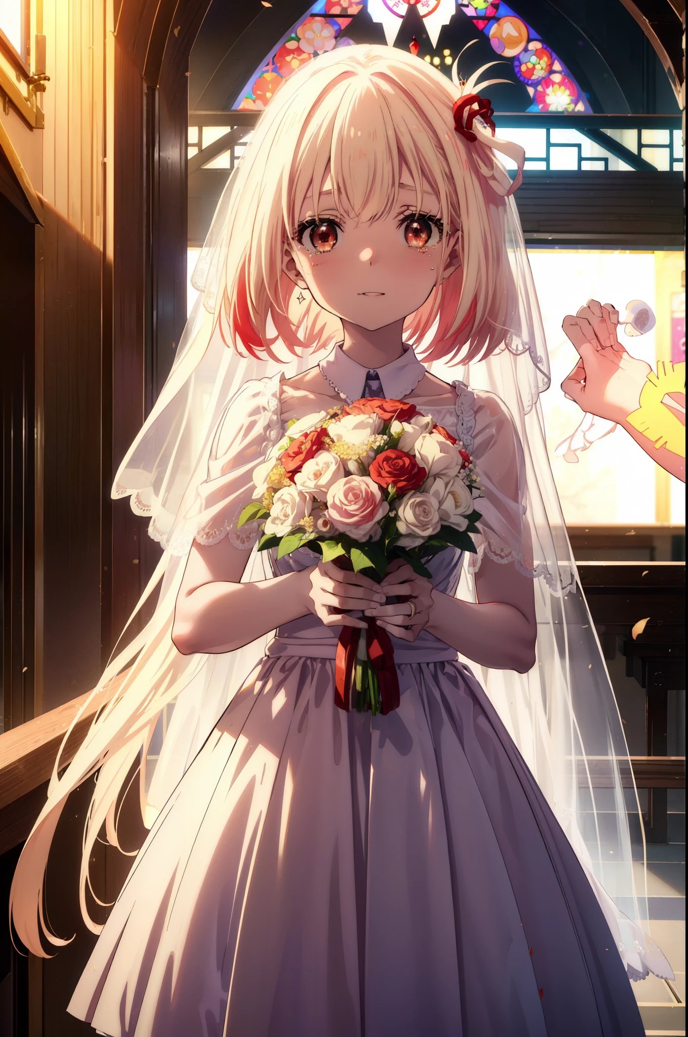 chisatonishikigi, Chisato Nishikigi, long hair, bangs, blonde hair, (red eyes:1.5), tears run down her face,Crying with joy,blush,smile, open your mouth,Wedding dress,veil,Wedding Skirts,bouquet,bouquetトス,holding a large bouquet of flowers in both hands,
break indoors, church,chapel,
break looking at viewer, (cowboy shot:1.5),
break (masterpiece:1.2), highest quality, High resolution, unity 8k wallpaper, (figure:0.8), (detailed and beautiful eyes:1.6), highly detailed face, perfect lighting, Very detailed CG, (perfect hands, perfect anatomy),