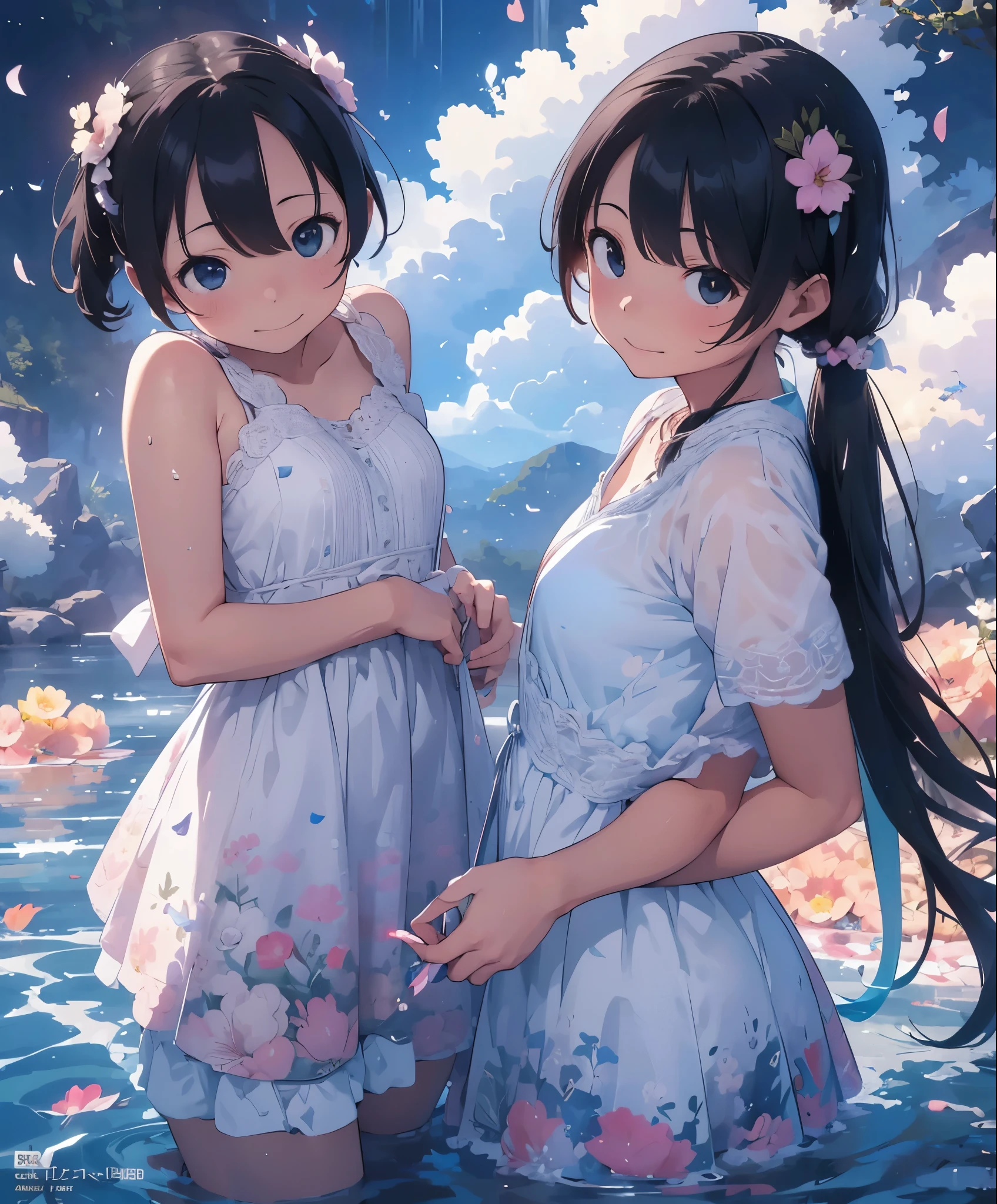 (masterpiece、highest quality、highest quality、official art、beautiful beautiful:1.2)、(1 girl:1.3)Hatsune Miku、twin tails,big breasts,photo realistic、Nendoroids in wedding dresses standing in front of a painting、laughter、cute pose、watercolor nendoroid、(high definition figures)、flowing iridescent silk、close up of face、eye up、heart mark、floral dress、There is also a flower in front of the petal below the Nendoroid.........、season!!: summer☀ 🍂、((A wonderful painting with super multiple exposure where you can see the background through the clothes))