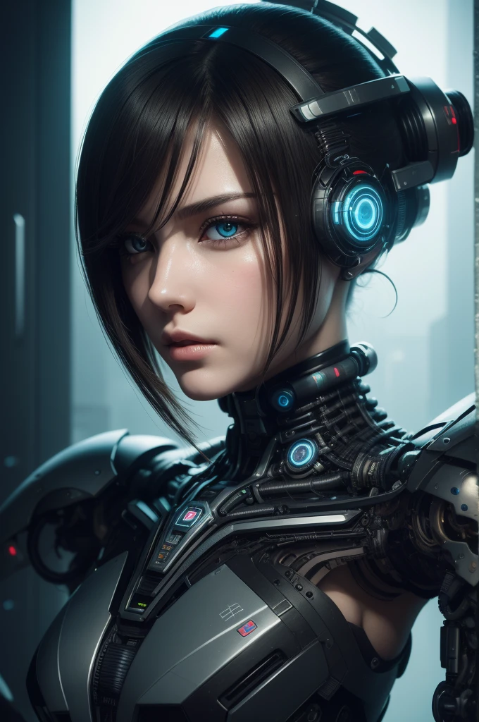 Centered portrait of an ultra detailed Mechanical Cyberpunk Female Android, looking into the camera, intricate, elegant, super highly detailed, smooth, sharp focus, no blur, no dof, extreme illustration, Unreal