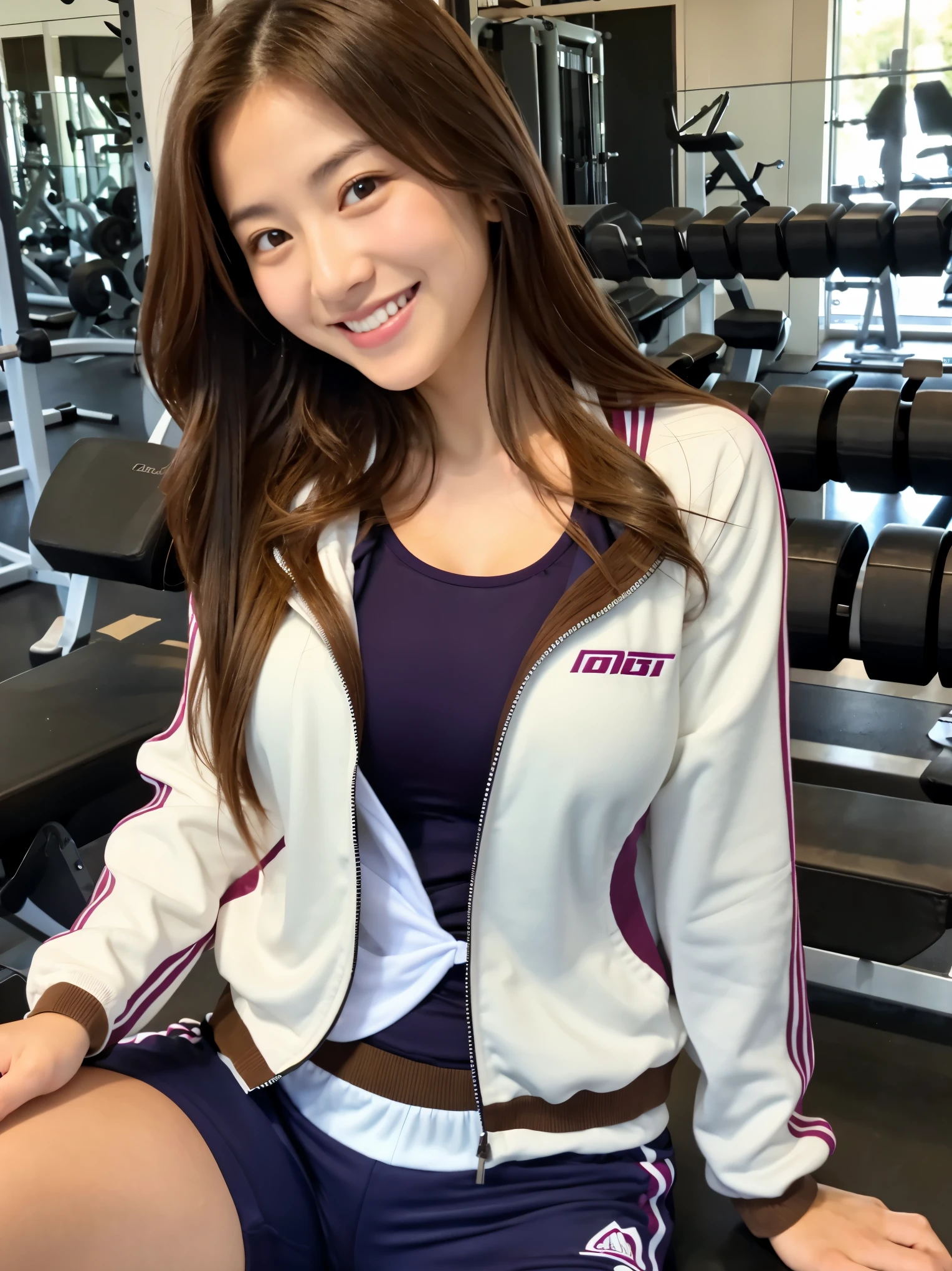 highest quality,best image,Japanese,big breasts,long brown hair,beautiful girl,smile,Gym suit