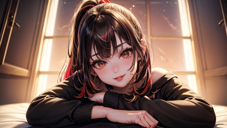 (art), (best quality), (1 girl, 18 years old), (Cinematic light), (High resolution), (((brown_eyes:1.2))), intricate eyes, beautiful detailed eyes, symmetrical eyes, (realistic) , (visible features), (beautiful face), (detailed), (Anatomically correct), (highly detailed face and skin texture), (realistic), (thin eyebrows), (eyeliner), (natural cheeks), (skin fair), (bright lips), red lips), (wide smile), sunlight, shine, (multicolored hair:1.3), medium hair, bangs, ponytail, medium hair, (girl hugging stuffed animal, outfit, (cute sweatshirt ) black shorts), (looking at viewer), (photorealistic: 1.37), (extremely detailed CG unit 8k), post-processing, beautiful room, centered, size to fit dimensions, rule of thirds, storm puddles.