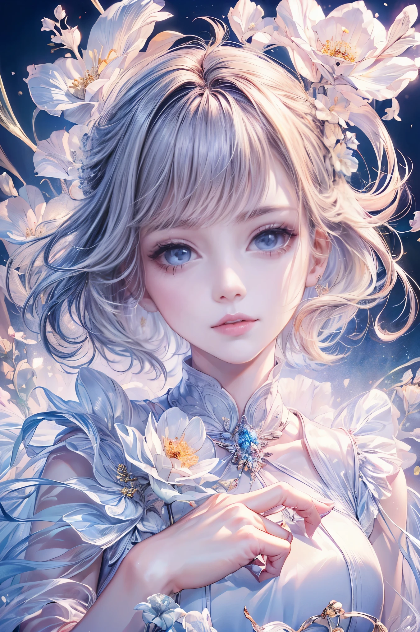 (highest quality, 8K, cg, beautiful and detailed upper body, , thumb girl, transparent coat dress, flower background, complex facial features, length, floating hair, almond eye, exquisite eye makeup, length eyelashes fluttering, blink big eyes, starry sky, delicate lip detail, soft and harmonious style)