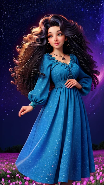 A curly-haired woman standing in a magical flower field. Every flower is colorful,Exudes a soft glow, Create a mysterious environment. Twinkling stars in the night sky reflected in the woman's curly hair, Add a touch of magic to her hair. She seems to be connected to the natural and cosmic energy around her., Exudes power and charm.
